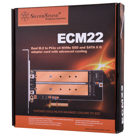 SilverStone ECM22 Dual M.2 to PCIe x4 NVMe SSD and SATA 6 G  adapter card with advanced cooling